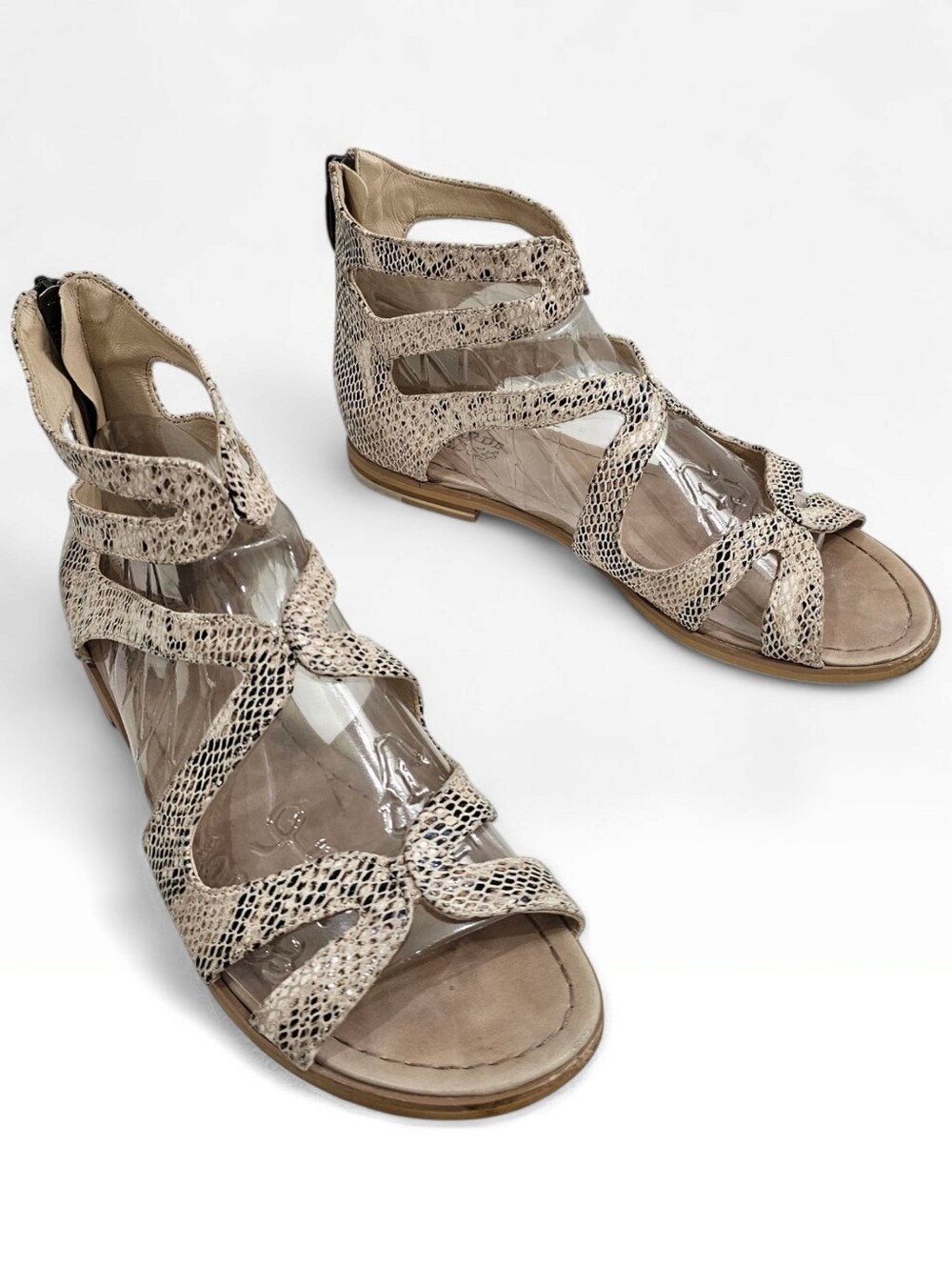 REGARDE LE CIEL Neutral Snake Print Leather Gladiator Sandals 39/8.5M-9